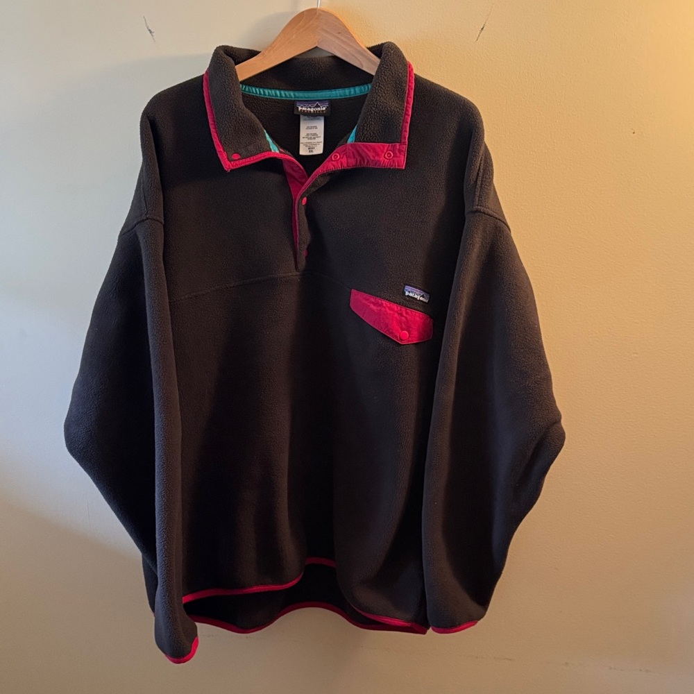 Patagonia Synchilla Snap-T Fleece Pullover XXL Brown Red Trim Retro Oversized